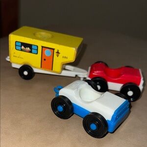 Bundle Vintage Fisher-Price Wooden Yellow Camper & Trailer& Red and Blue Cars